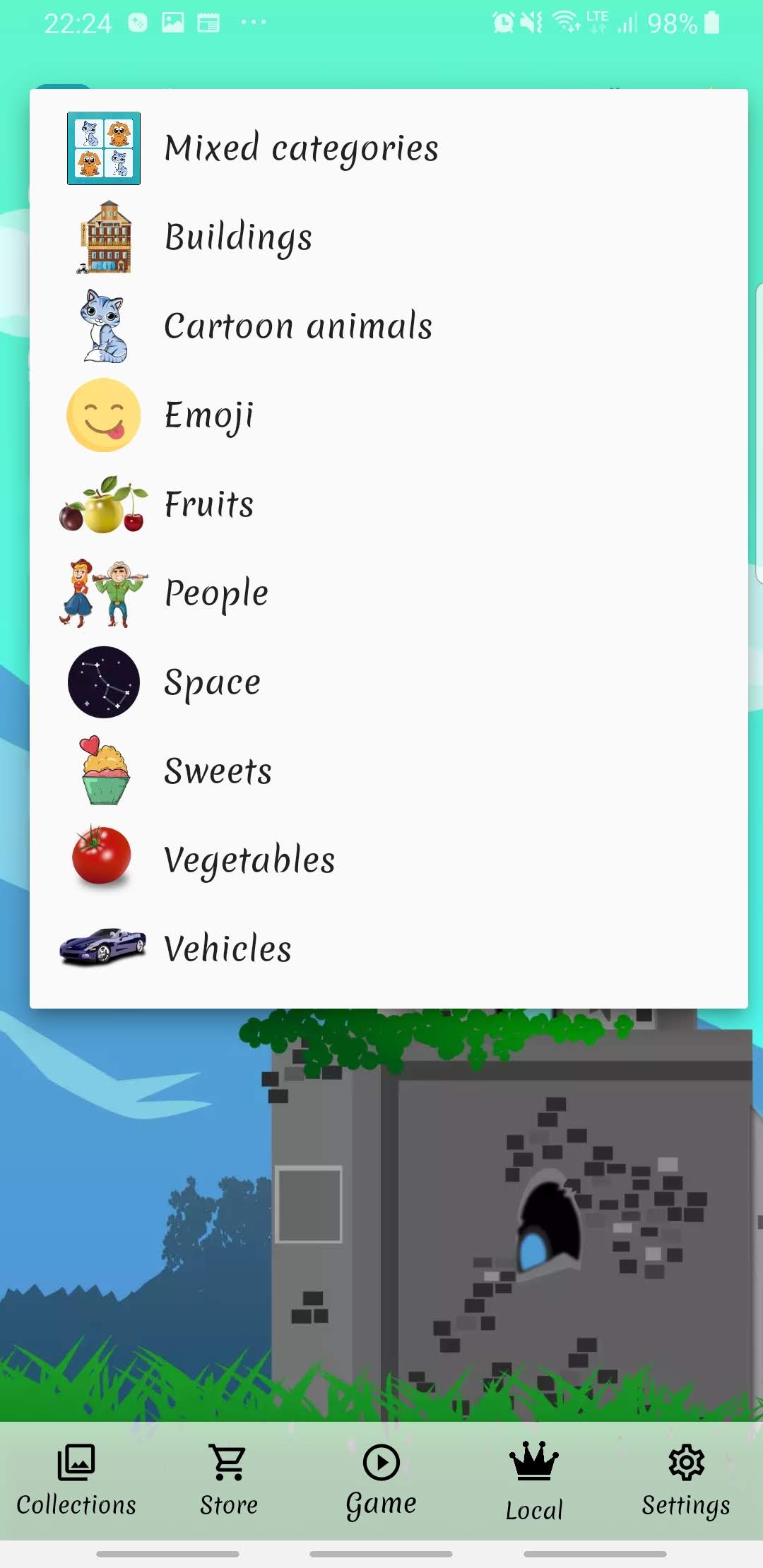 Cards Matching category menu with animals, emoji, fruit, space and other themes